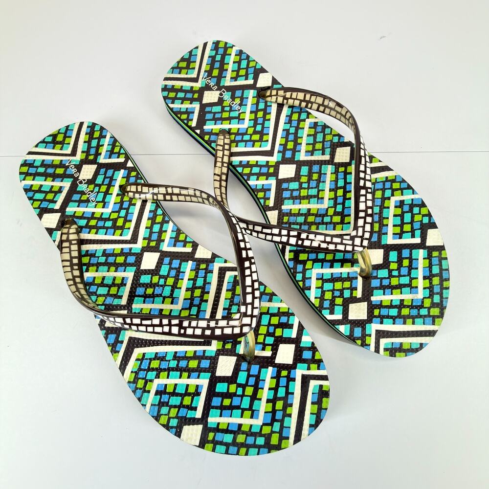 Vera Bradley Flip Flops Women Size 7/8 Geometric Blue Green Pattern Summer Beach